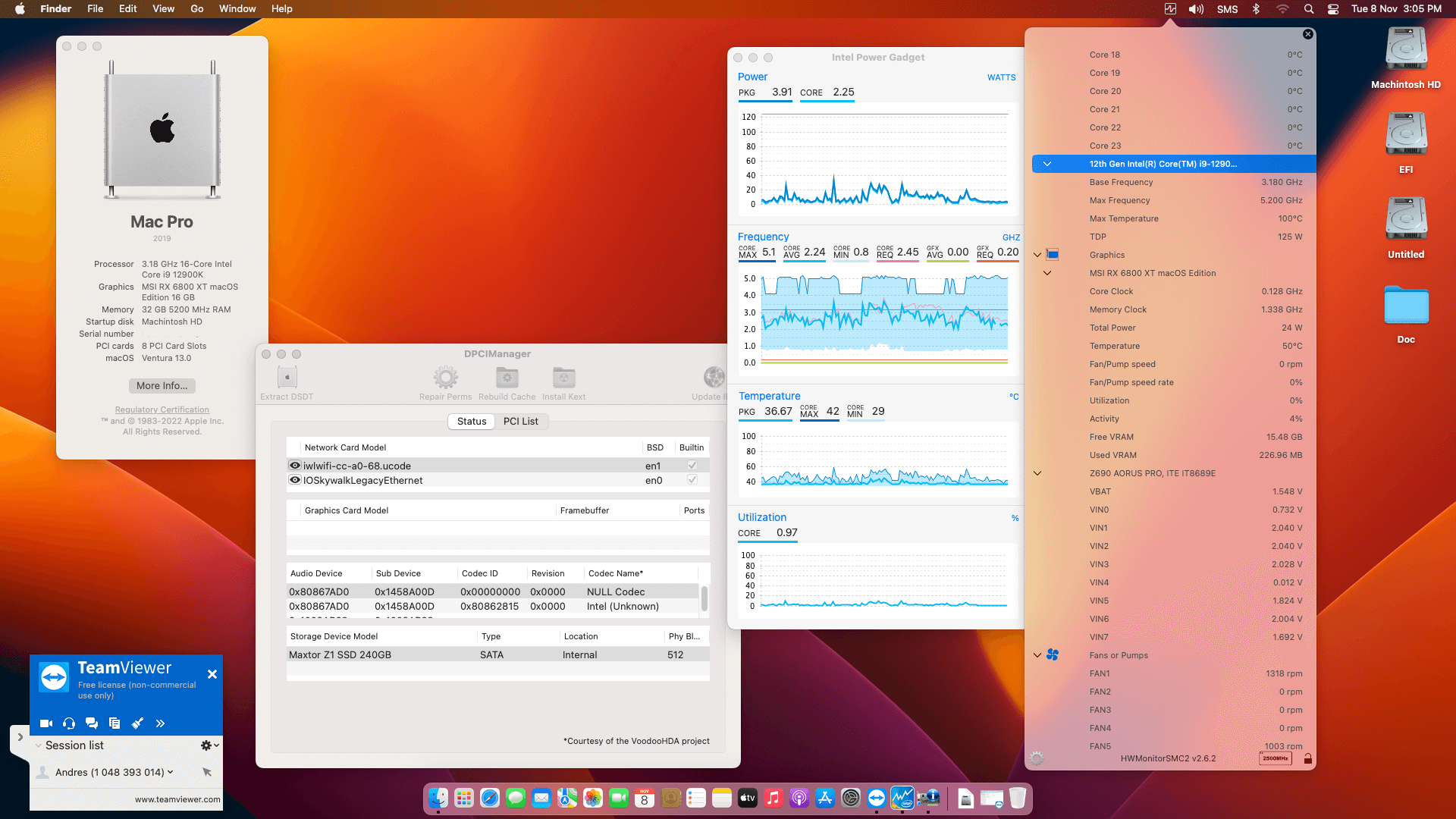 Success Hackintosh macOS Ventura 13.0 Build 22A380 in Gigabyte Z690 Aorus Pro + Intel Core i9 12900K + MSI RX 6800 XT
